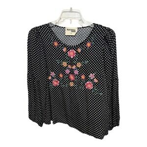 savanna jane tunic shirt women size M black embroidered polka dot long sleeve